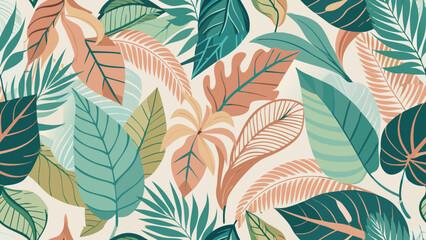 Seamless Botanical Tropical Leaf Pattern in Hand-Drawn Pastel Style
