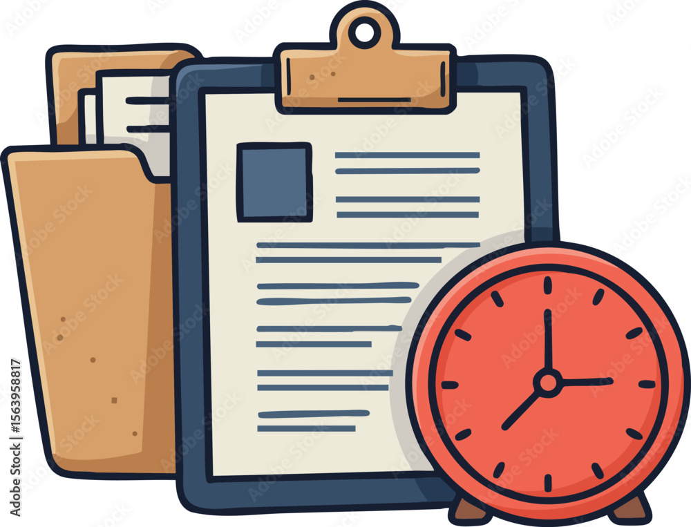 Poster clipboard with documents and red clock icon for time management and organization vector illustration
