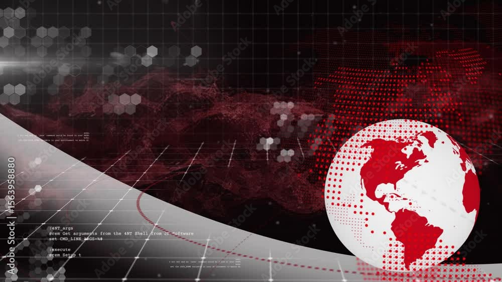 Aufkleber Code text scrolling causing red mist weaving through grid hex rotating globe showing data flow