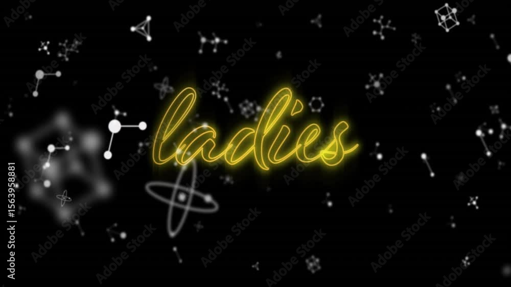 Poster neon cursive text fading in then assembling to spell ladies for branding amid drifting molecules