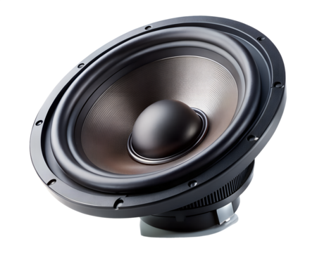 Close up of a modern black speaker cone and surround against a transparent background