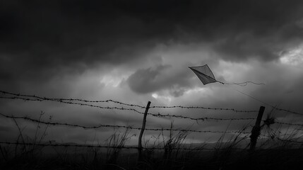 A monochrome image of a kite flying above a barbed wire fence under a stormy sky