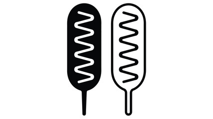 Two corn dogs one black and one white with zig zagging lines of sauce on a white background