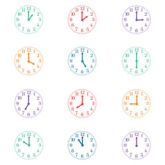 Set of twelve colorful analog clocks showing each hour from one to twelve