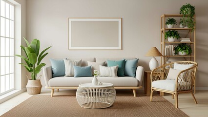 Summer-style living room with rattan furniture, soft cushions, mockup frame, wooden coffee table, potted plants, and cozy decor in natural tones.