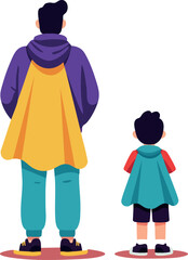 Father and son standing with colorful superhero capes looking forward together family bonding vector illustration