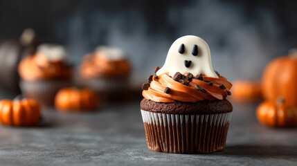 Halloween cupcake with ghost decoration on dark background with copy space