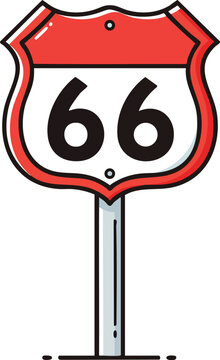 Route 66 road sign vector illustration with red and white colors on metal pole isolated on white background