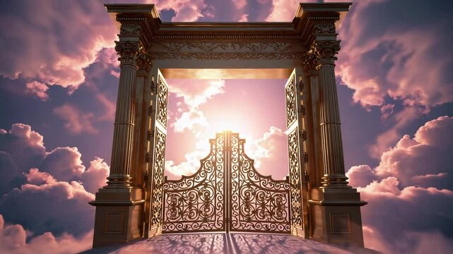 Beautifully designed gates open to a radiant light in a heavenly atmosphere with fluffy clouds at dusk
