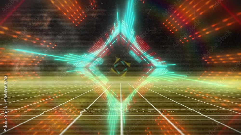 Aufkleber glowing diamond floating on grid starting cyan core emerging rotating bars pulsing revealing energy