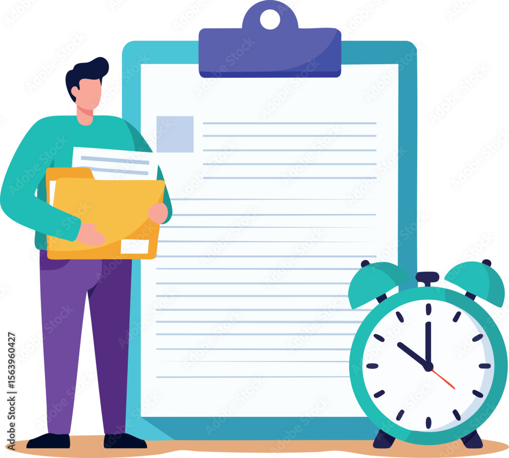 Poster man holding folders with clipboard and alarm clock for time management and organization vector illus