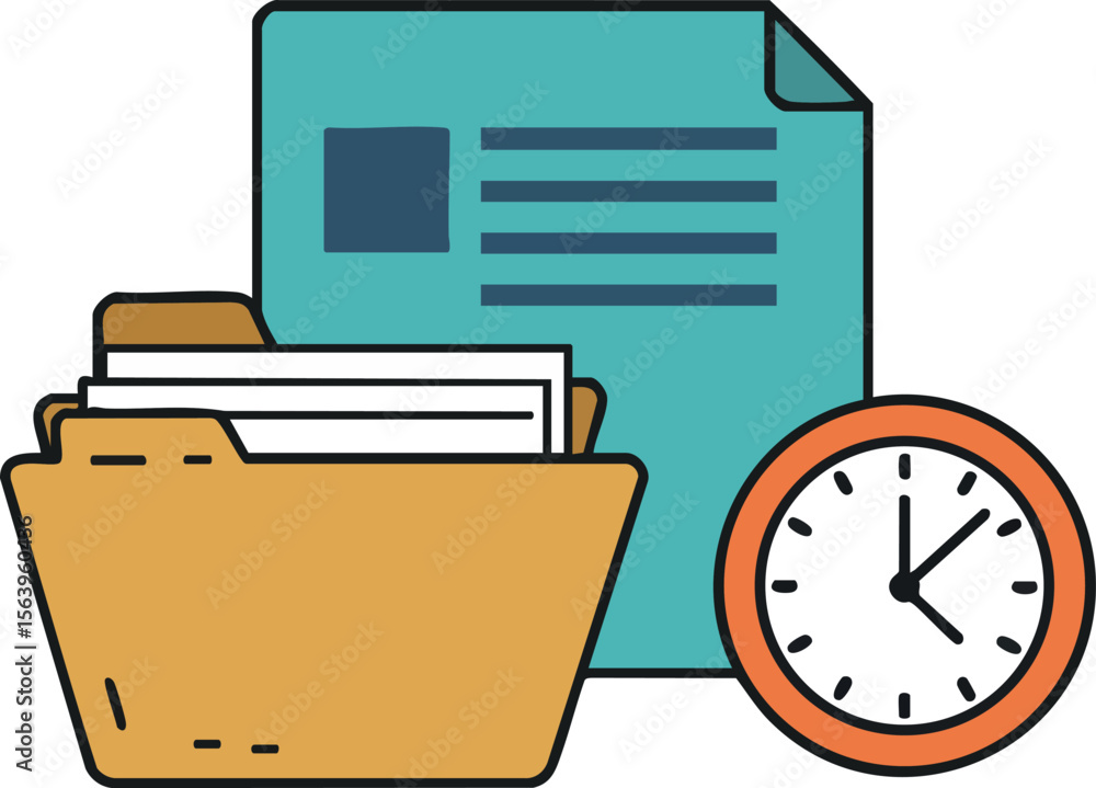 Poster folder with documents and clock icon representing time management and organization in office work en
