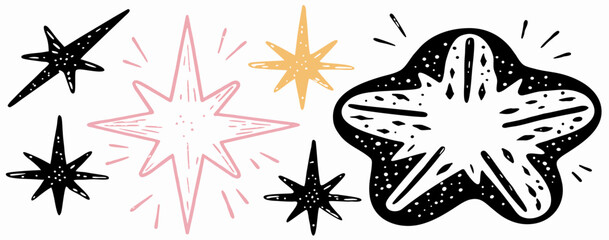 Hand-drawn Starburst Clipart: Pink, Black & Gold Stars