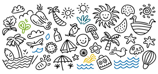 Hand Drawn Summer Doodle Collection: Beach, Sun, and Travel Elements