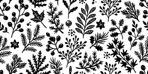 Black & White Winter Botanical Seamless Pattern