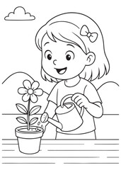 Coloring book girl watering a potted flower.
