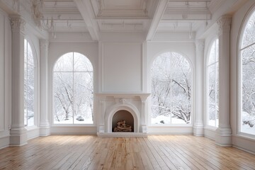 Arched Fireplace in Classic Scandinavian Living Room with Modern Vintage Decor