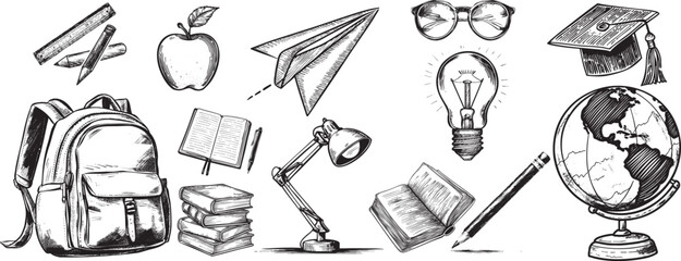 Vintage School Set with Retro Hand-Drawn Elements for Back to School and Education themes in Engraved Monochrome Style.
