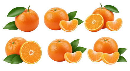Fresh and Juicy Oranges with Vibrant Green Leaves, Whole, Sliced, and Ready for Healthy Living, isolated on a transparent background
