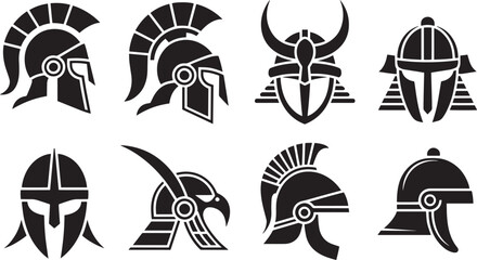 Spartan Viking Warrior Helmet Icon Set Ancient Roman Combat Headgear Silhouette Vector Collection
