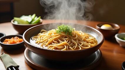 Hot Korean Naengmyeon Noodle Bowl with Traditional Side Dishes – Cozy Food Scene on Wooden Table and Beige Background, noodle, food, color image, no people, photography, korean culture, korean food, h