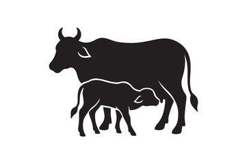 cow and calf silhouette vector art illustration on white background