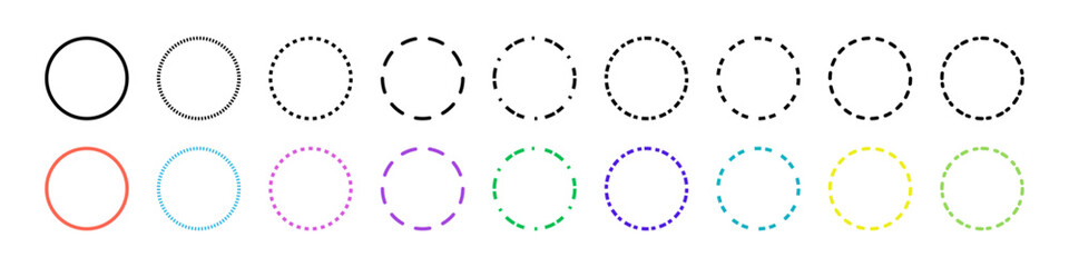 Black and Colorful circle line styles set – Solid, Dotted, Dashed, Round Patterns. Vector