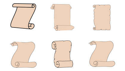 Collection of six different rolled parchment scrolls with varied edges and styles