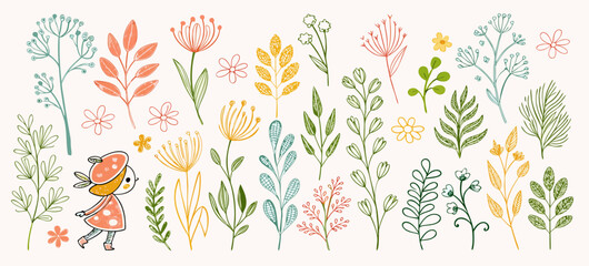 Cute Girl in Flower Garden: Watercolor Floral Elements Illustration