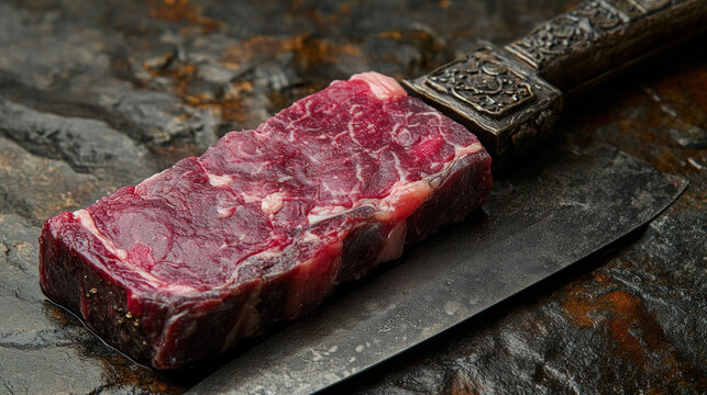 Raw steak on vintage butcher knife