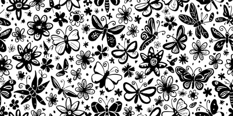 Black and White Butterfly and Flower Seamless Pattern