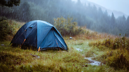 una casa de campa&ntilde;a para acampar y disfrutar de la naturaleza en medio del campo en el bosque en un dia lluvioso con tormenta para relajarse