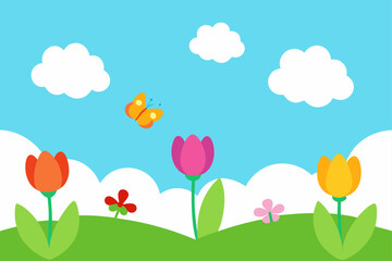 cartoon spring meadow with tulips butterflies