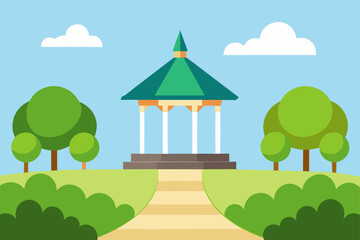 cartoon park with a gazebo trimmed shrubs