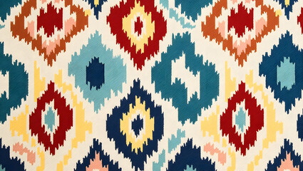 A stunning geometric ikat fabric design, richly woven with intricate patterns and vibrant colors
