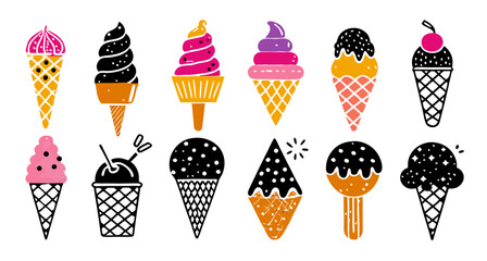 Ice Cream Cone Icons: Colorful Dessert Treats Graphic Collection