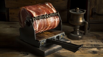 Vintage meat slicer with prosciutto ham in dramatic, rustic setting