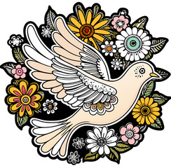 Ornate Dove with Flowers, Floral Bird Design, Mandala Style