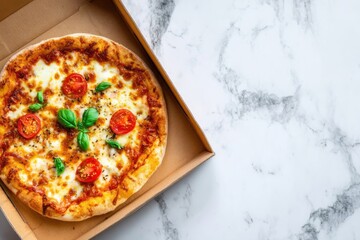 Appetizing pizza margherita in a cardboard box on a light marble background, close-up mozzarella and tomatoes lie on a freshly baked pizza, fast food concept