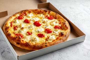 Appetizing pizza margherita in a cardboard box on a light marble background, close-up mozzarella and tomatoes lie on a freshly baked pizza, fast food concept