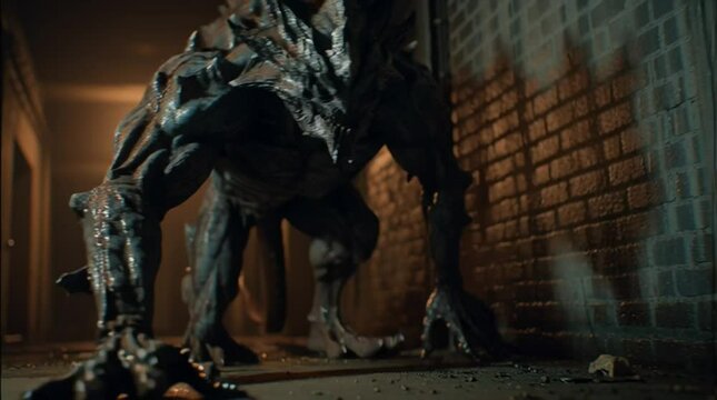 Creepy creature emerges from shadows in dimly lit underground setting