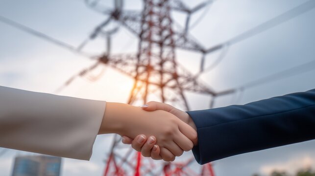 Business partners shaking hands, making energy deal in front of electricity pylon