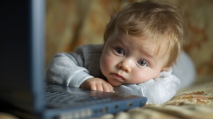 Baby Looking at Computer. Blank Screen with Copy Space for Learning and Education