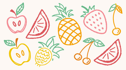 Hand-drawn Fruit Illustrations: Apples, Pineapple, Strawberries, Watermelon, Cherries