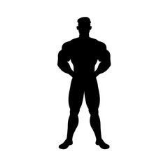 Fototapeta premium Silhouette of muscular man bodybuilder demonstrating fitness and strength training physique pose