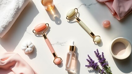 Stylish flat lay with jade face rollers, serum bottle, towel, lavender, and spa elements on marble background. Natural skincare and beauty concept.