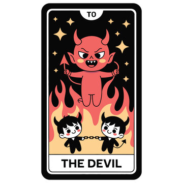 Kawaii tarot card of The Devil with cute horned character and two chibis chained playfully in candy flame background, not scary