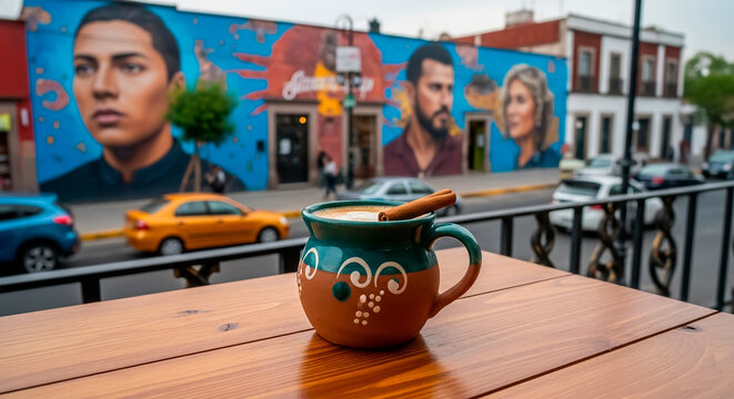 caf&eacute; de olla served in a rustic ceramic mug on a wooden table, mural art and busy streets of Mexico City in the background