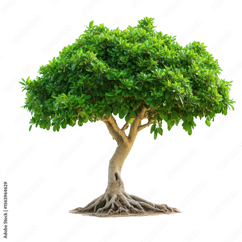 Poster a mature green leafy tree with exposed roots and a textured trunk isolated on transparent background