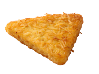 Crispy golden brown triangular hash brown with shredded cheese on a transparent background